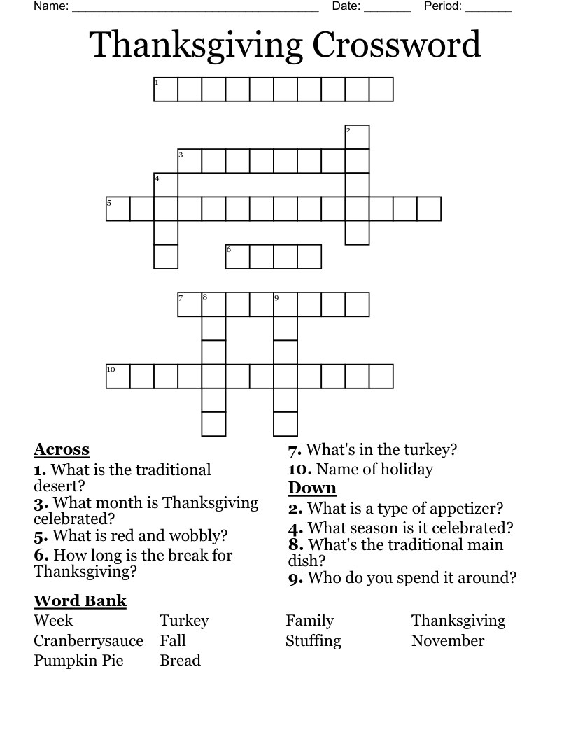 Thanksgiving Crossword - WordMint