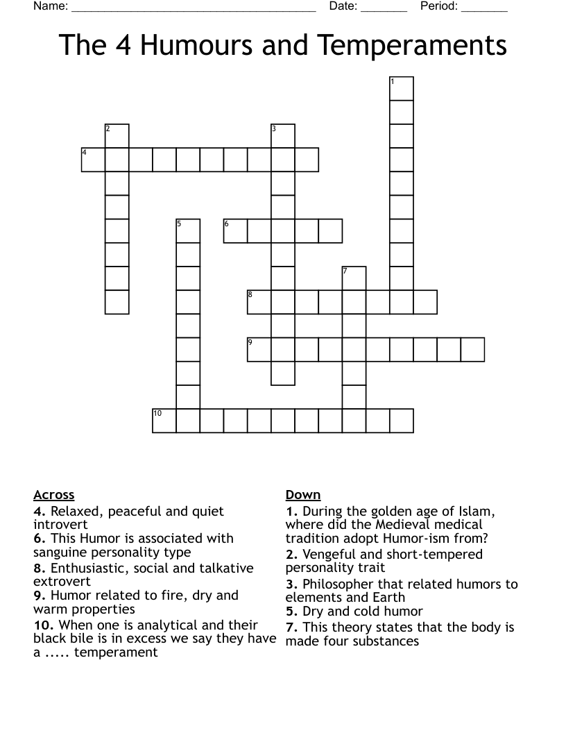 The 4 Humours and Temperaments Crossword WordMint