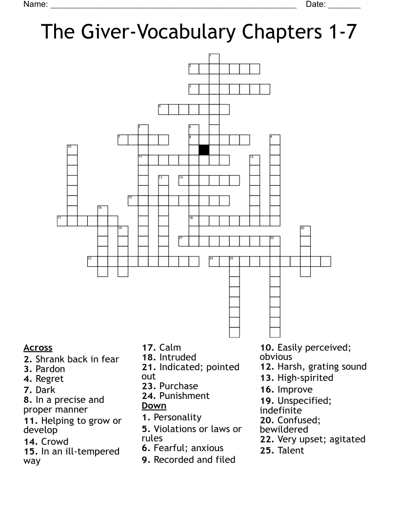 The Giver Vocabulary Chapters 16 Crossword WordMint