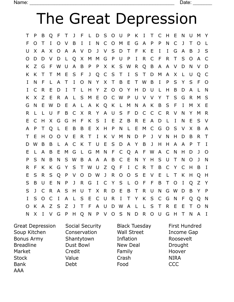 The Great Depression Word Search WordMint