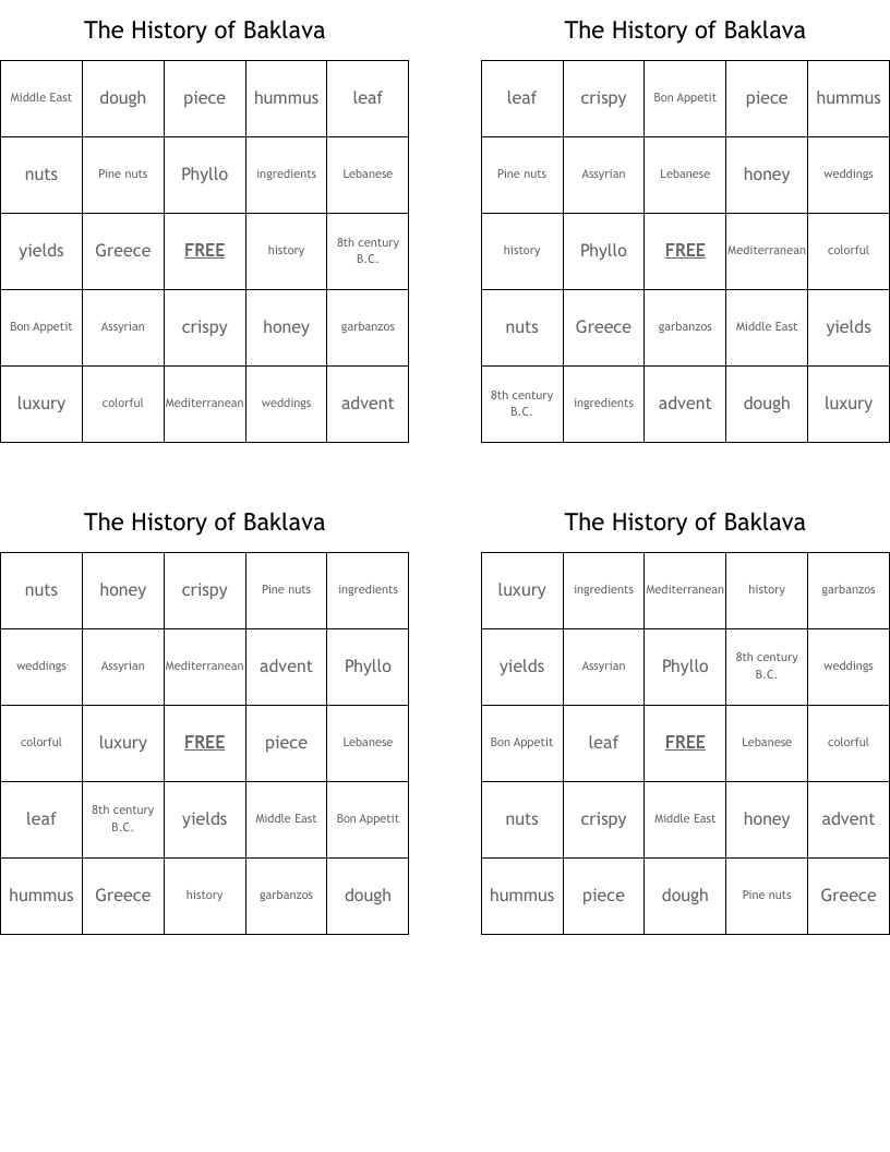 The History of Baklava Bingo Cards WordMint