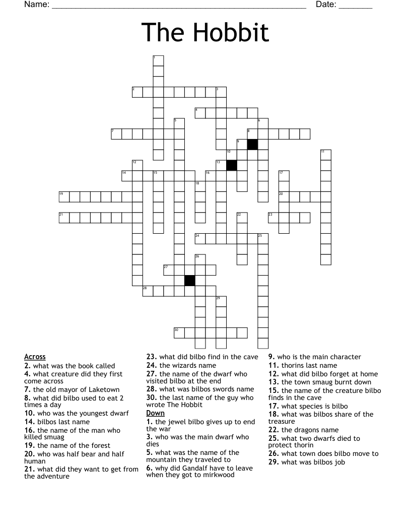 The Hobbit Crossword WordMint