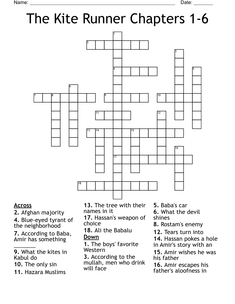 The Kite Runner Chapters 16 Crossword WordMint