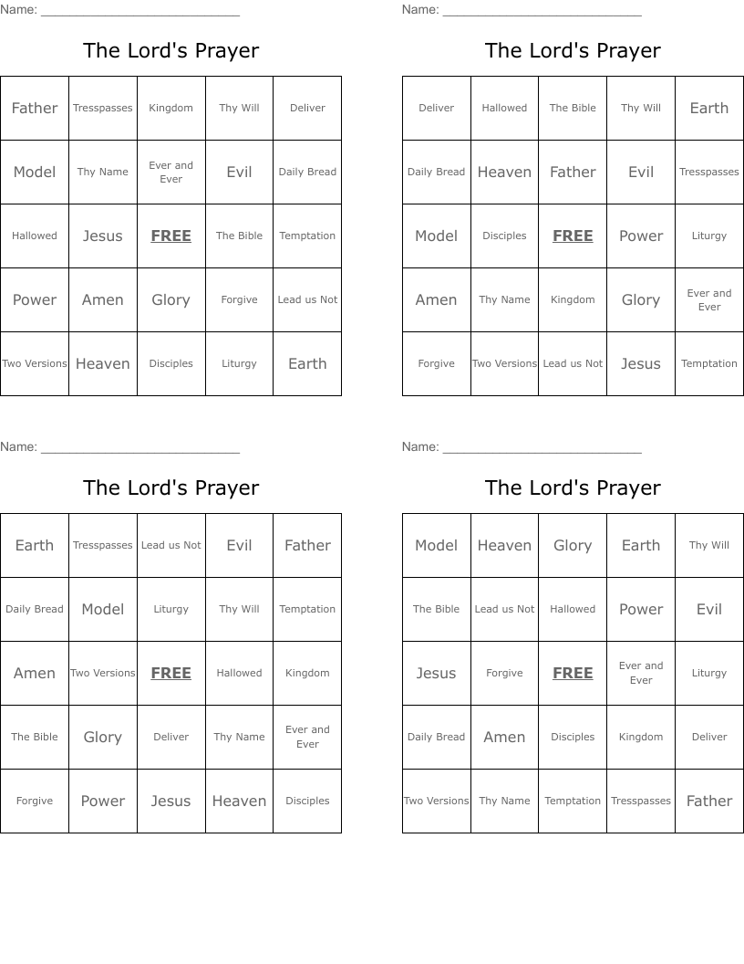 The Lord's Prayer Bingo Cards WordMint