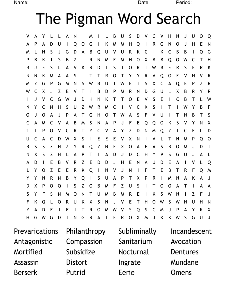 Similar to "The Pigman" by Paul Zindel Word Search WordMint