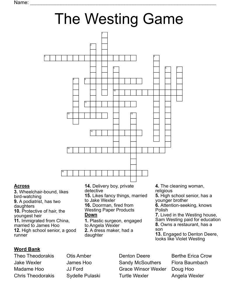 Similar to The Westing Game Word Search WordMint
