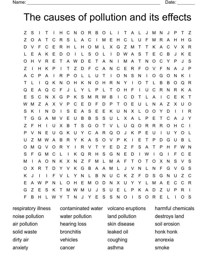 The causes of pollution and its effects Word Search WordMint