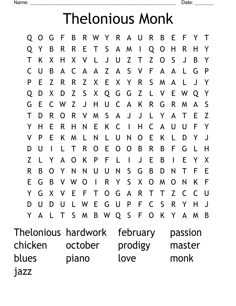 Thelonious Monk Word Search WordMint