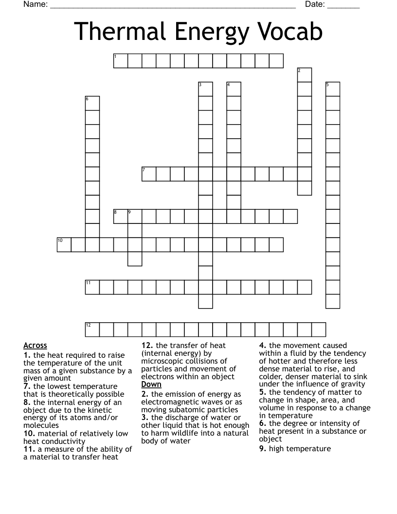 Thermal Energy Vocab Crossword WordMint