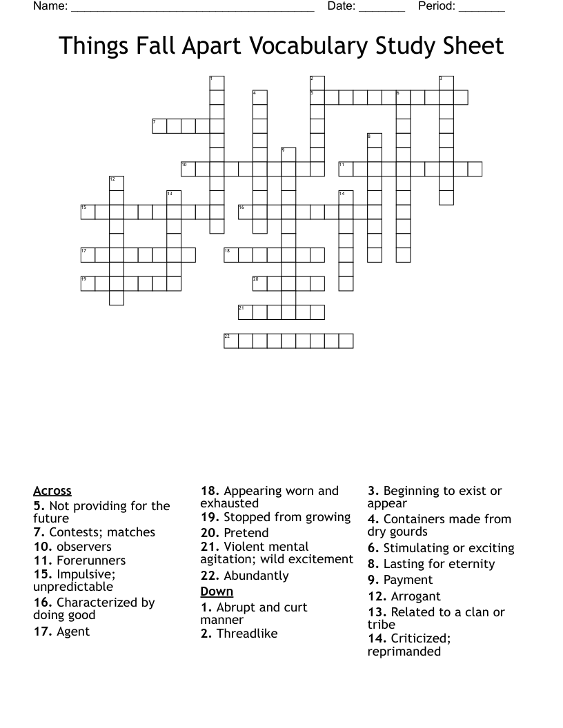 Things Fall Apart Vocabulary Study Sheet Crossword WordMint