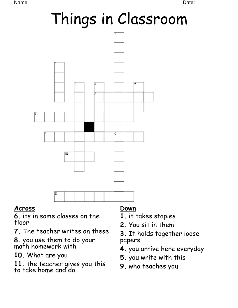 Things in Classroom Crossword WordMint