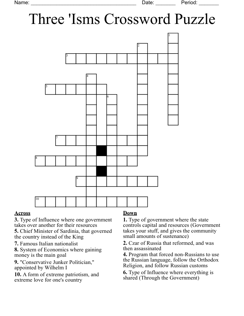 Three 'Isms Crossword Puzzle WordMint
