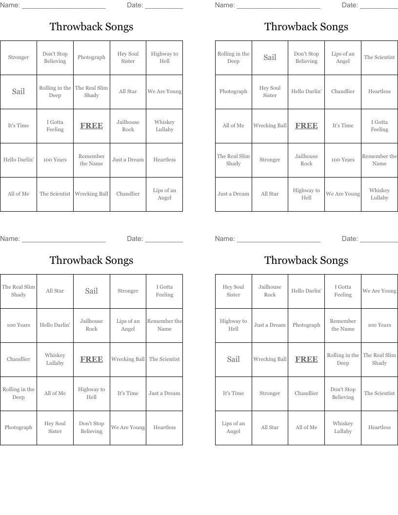Throwback Songs Bingo Cards WordMint