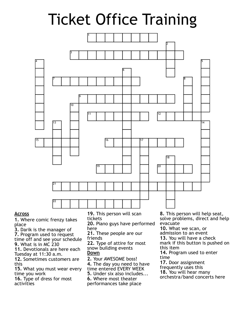Ticket Office Training Crossword WordMint