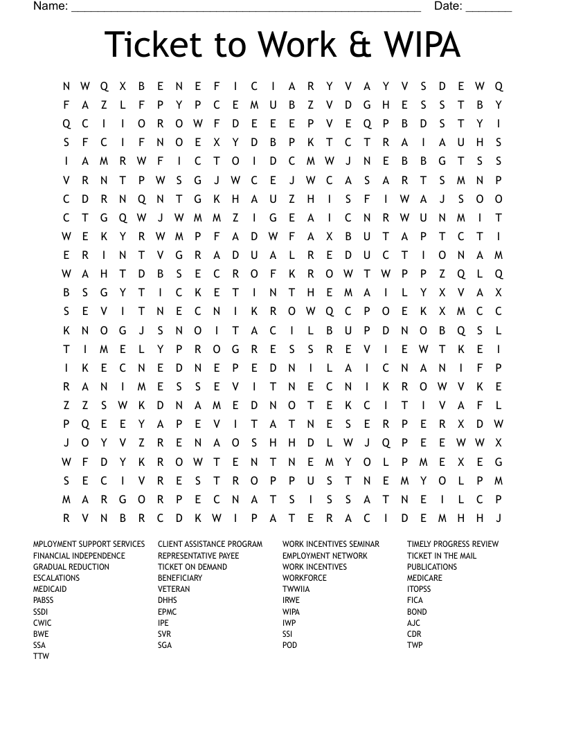 Ticket to Work & WIPA Word Search WordMint