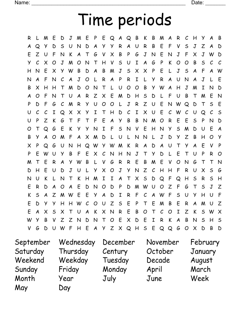 Time periods Word Search WordMint