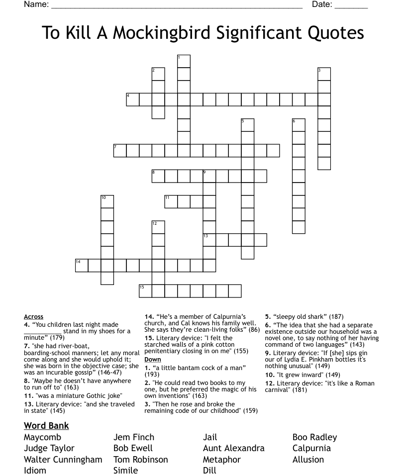 To Kill a Mockingbird Chapter 24 Crossword WordMint