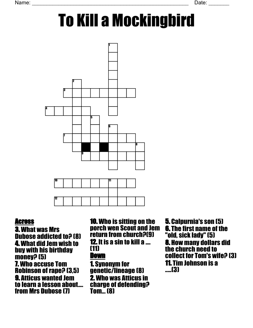 To Kill a Mockingbird Crossword WordMint