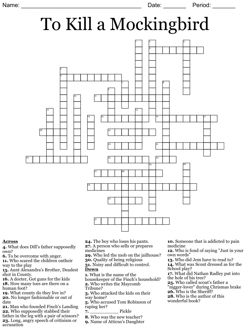 To Kill a Mockingbird Crossword WordMint