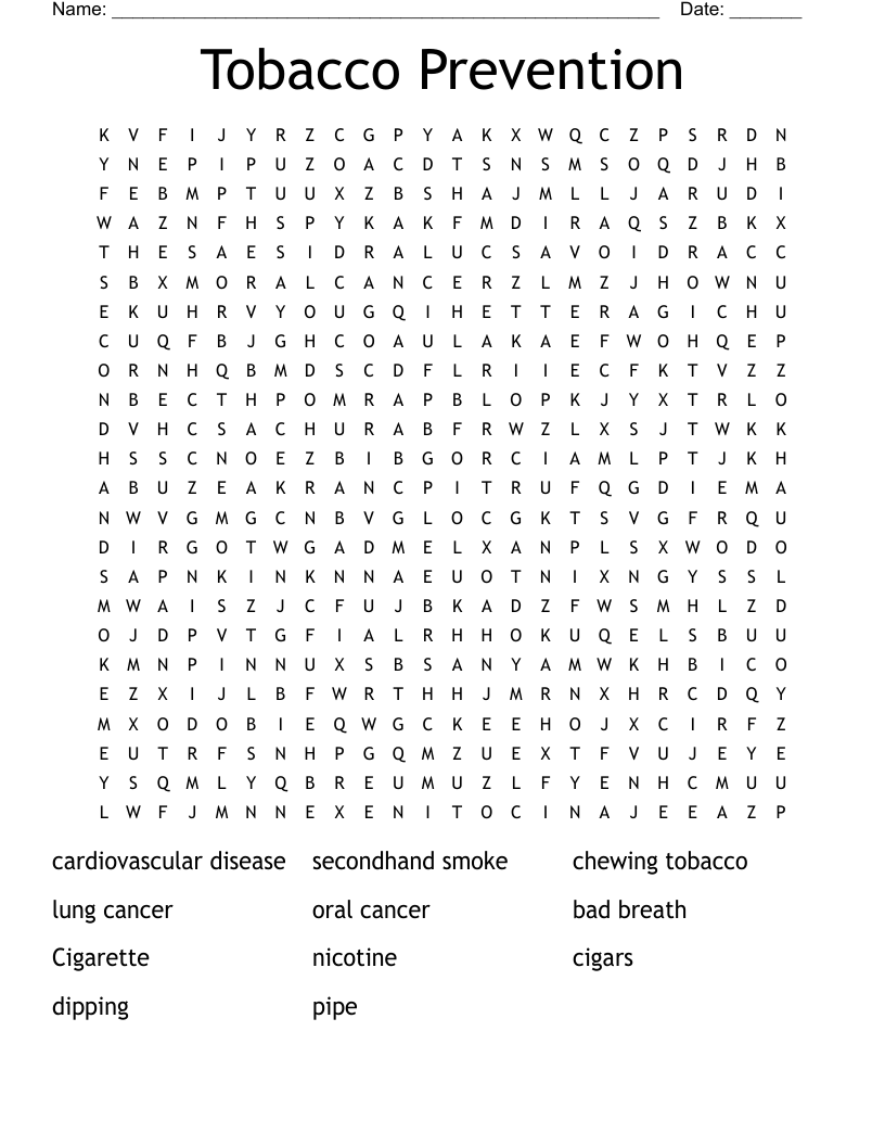 Tobacco Prevention Word Search WordMint
