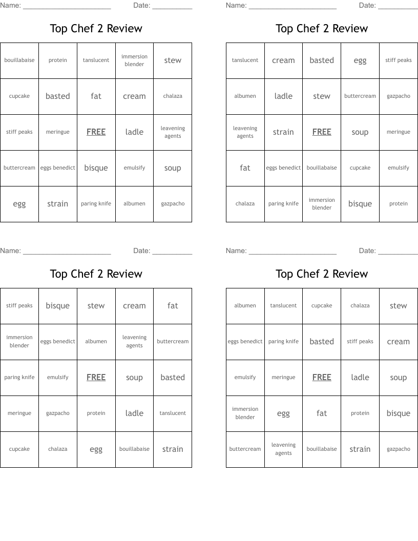 Top Chef 2 Review Bingo Cards WordMint
