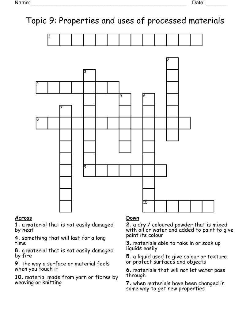 Topic 9 Properties and uses of processed materials Crossword WordMint