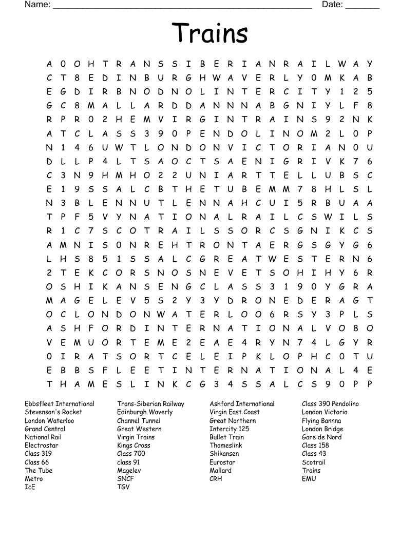 Trains Word Search WordMint