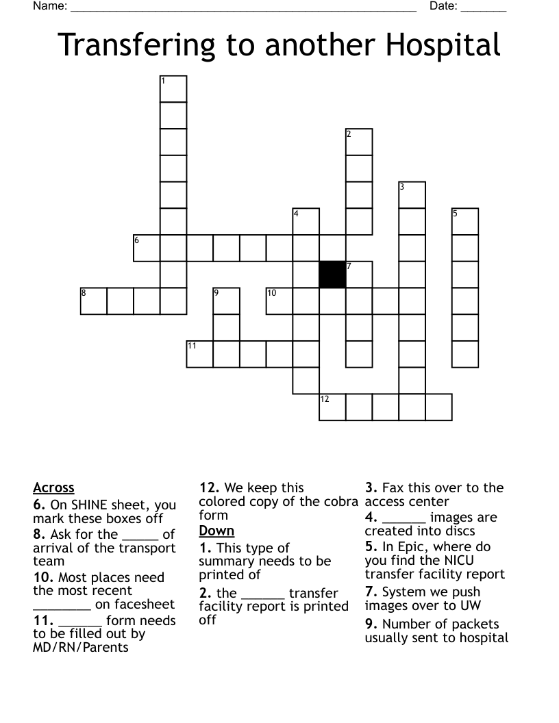 Transfering to another Hospital Crossword WordMint