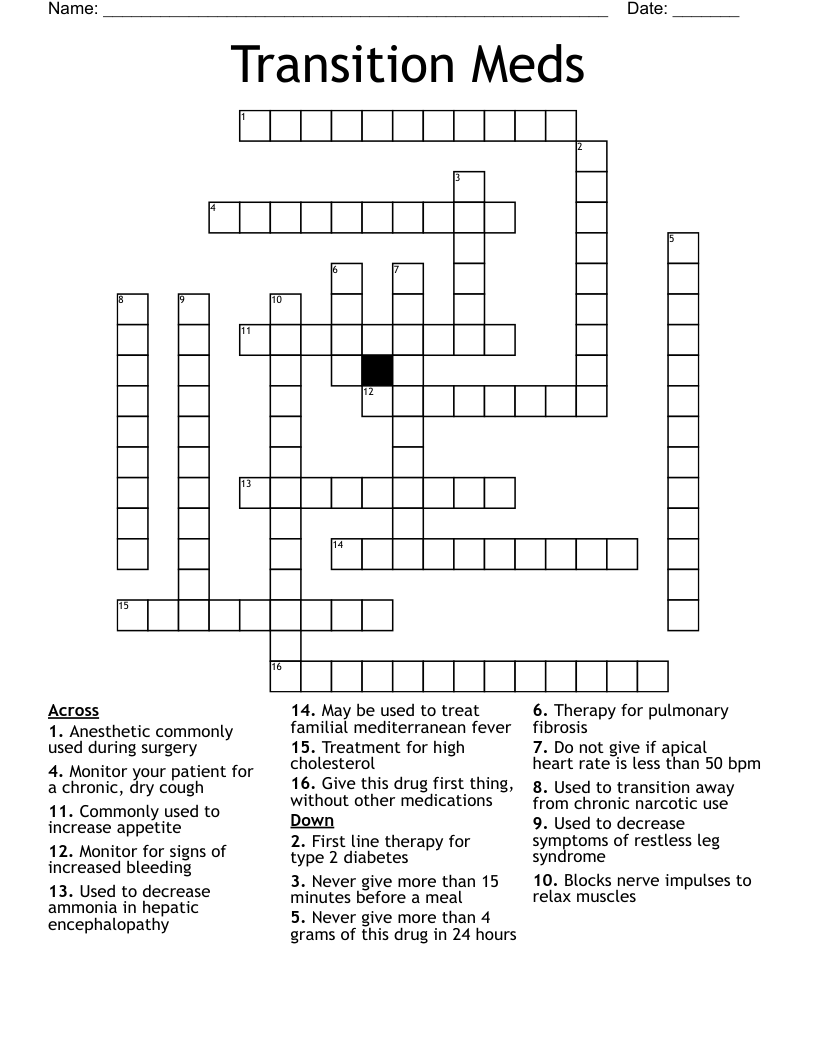 Transition Meds Crossword WordMint