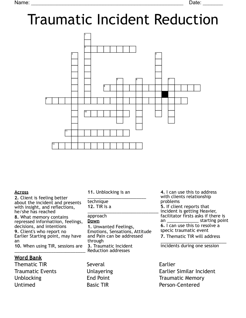 Traumatic Incident Reduction Crossword WordMint