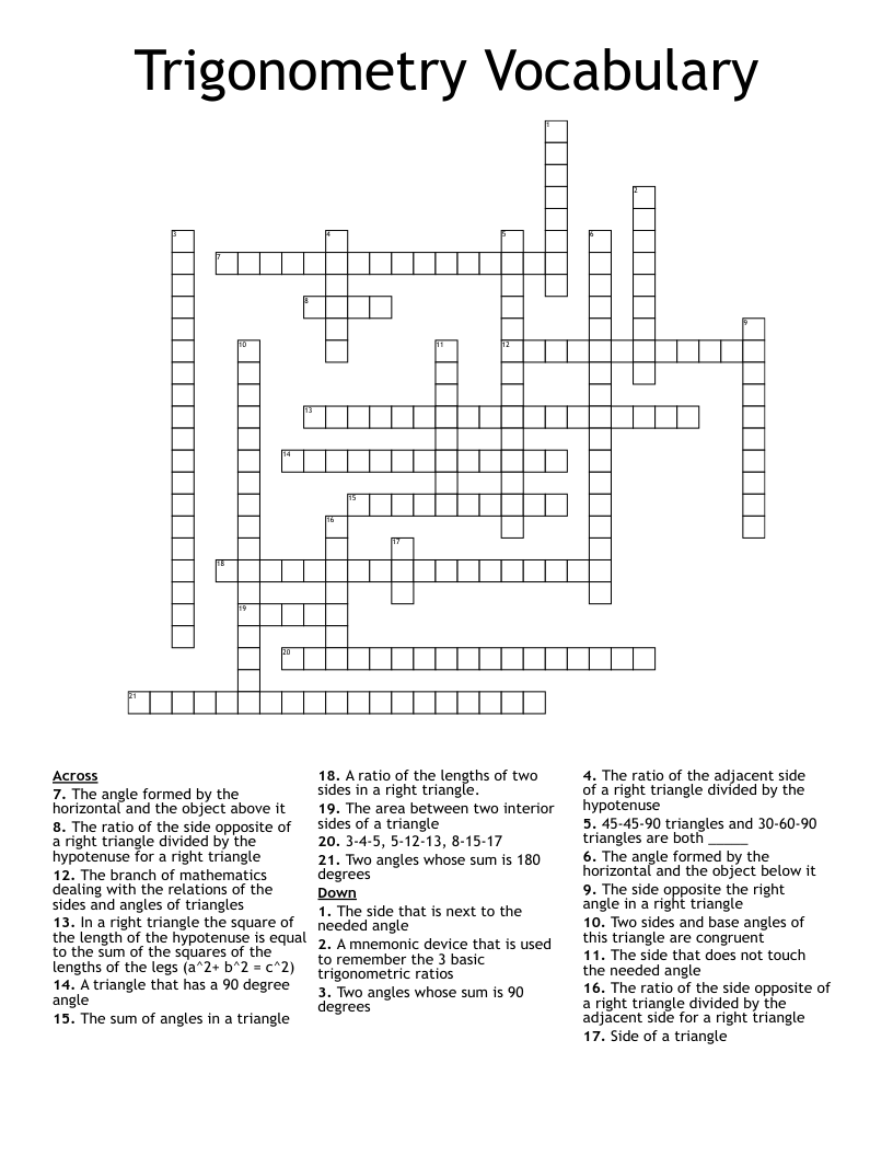 Trigonometry Vocabulary Crossword WordMint
