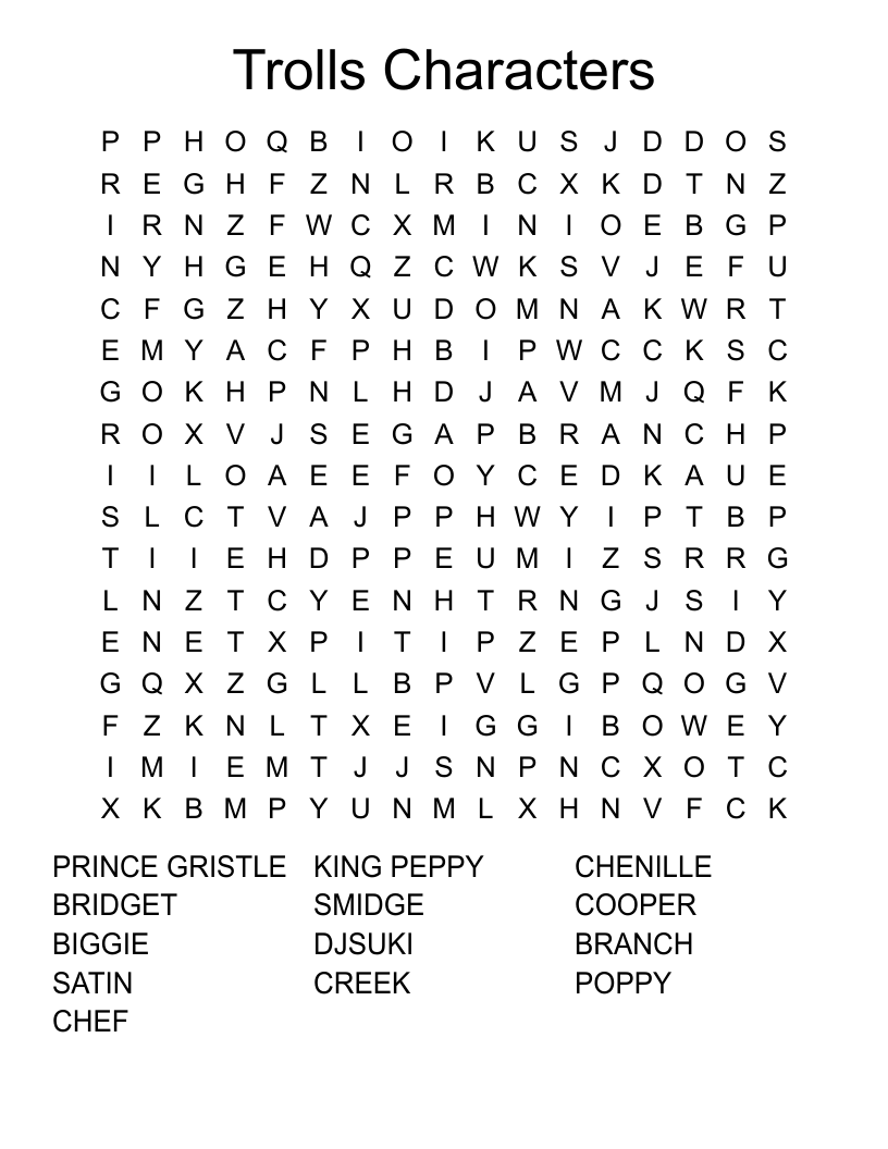 Trolls Characters Word Search WordMint