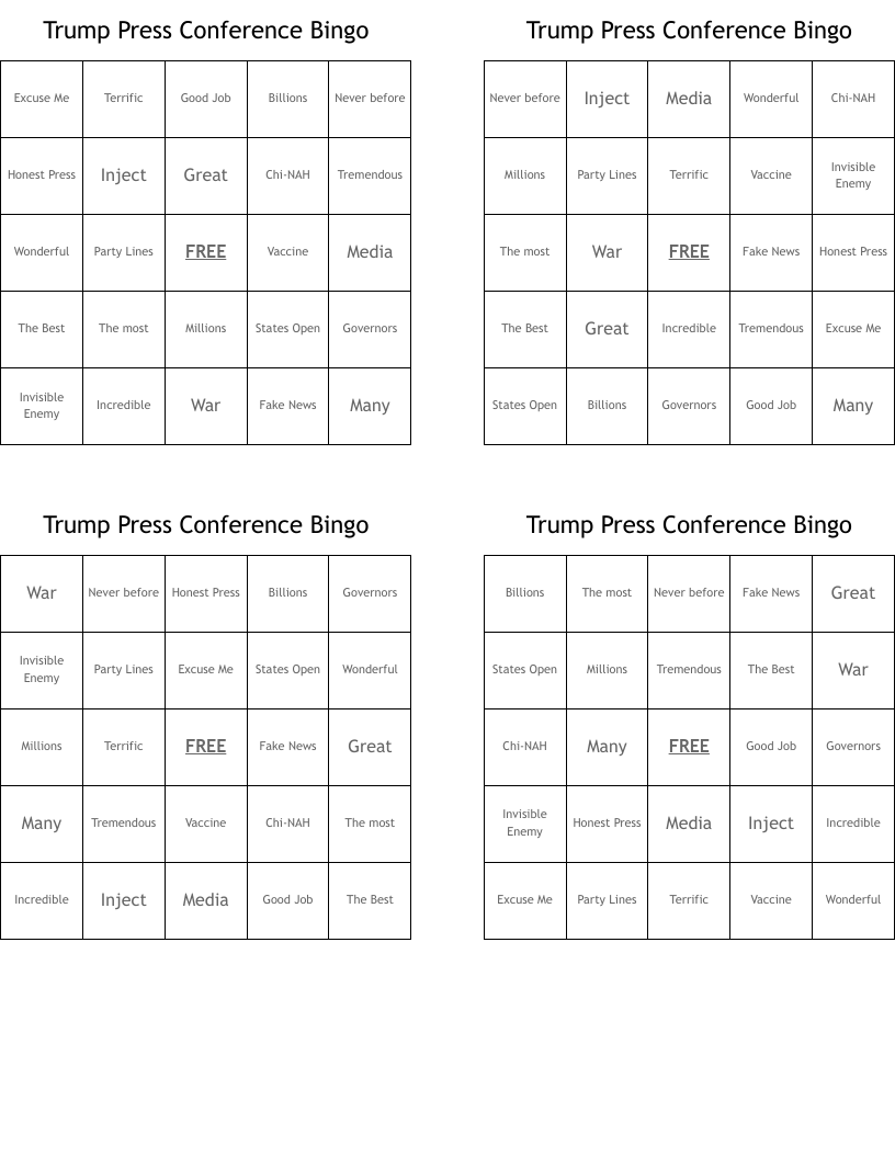 Trump Press Conference Bingo WordMint