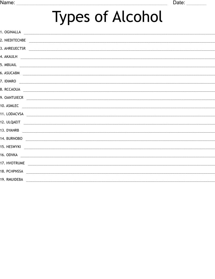 Types of Alcohol Word Scramble WordMint