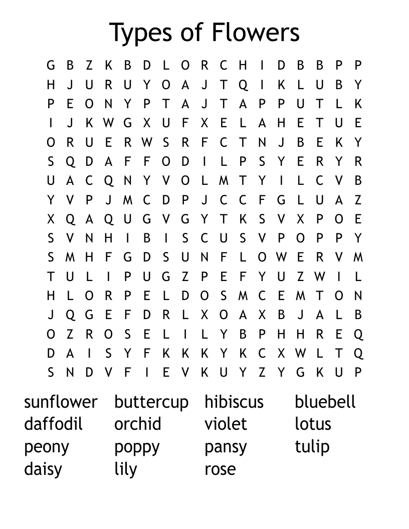 Types of Flowers Word Search WordMint