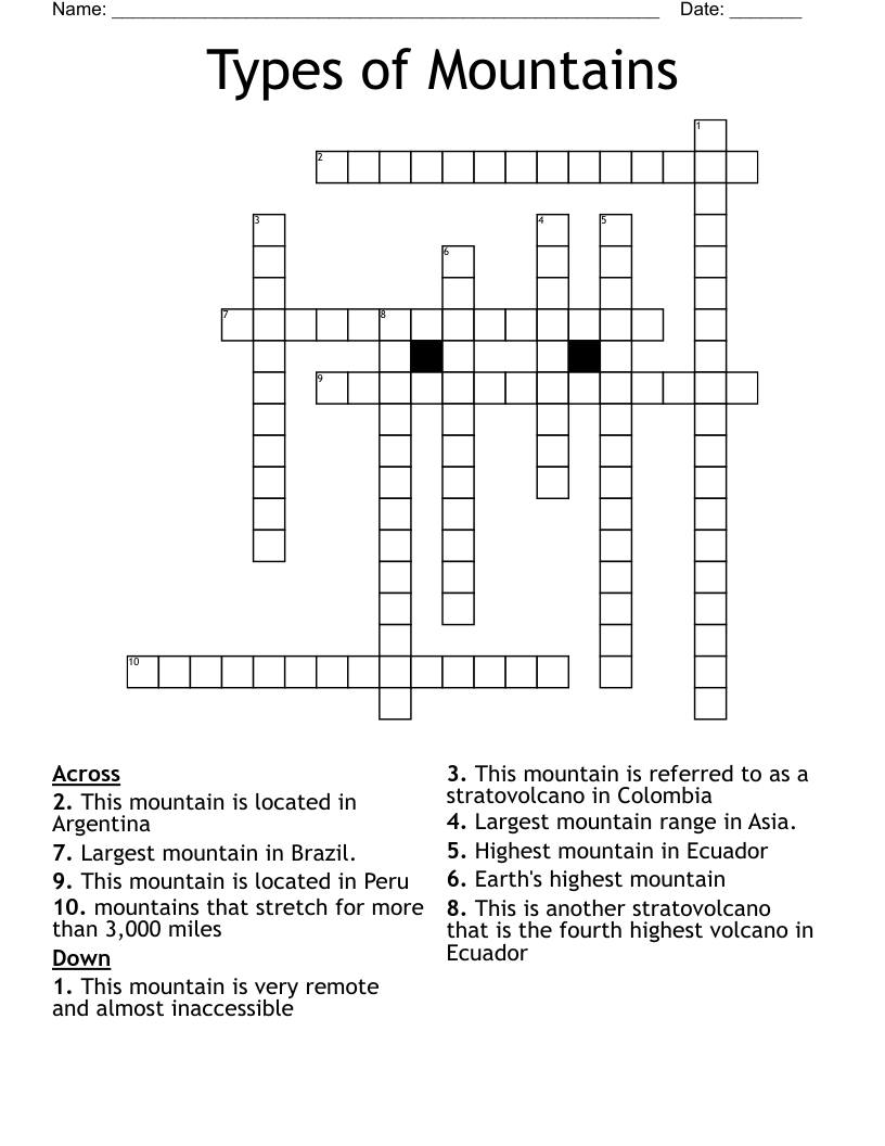 Types of Mountains Crossword WordMint