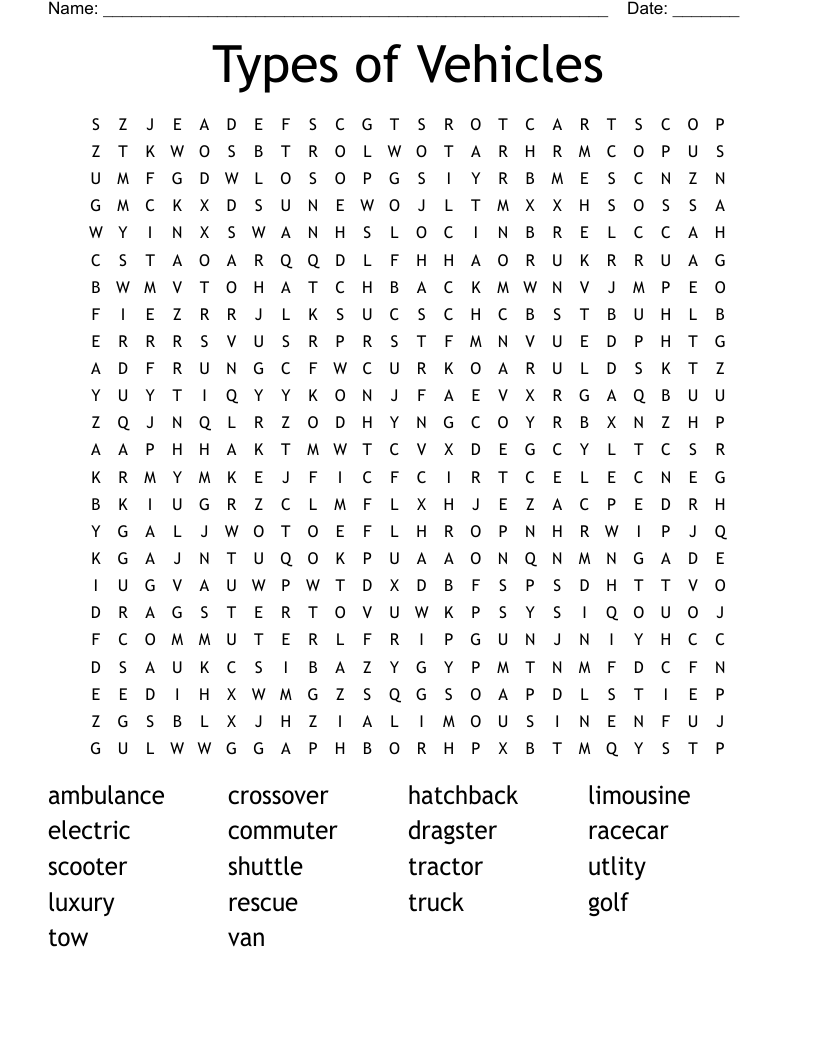 Types Of Cars Word Search