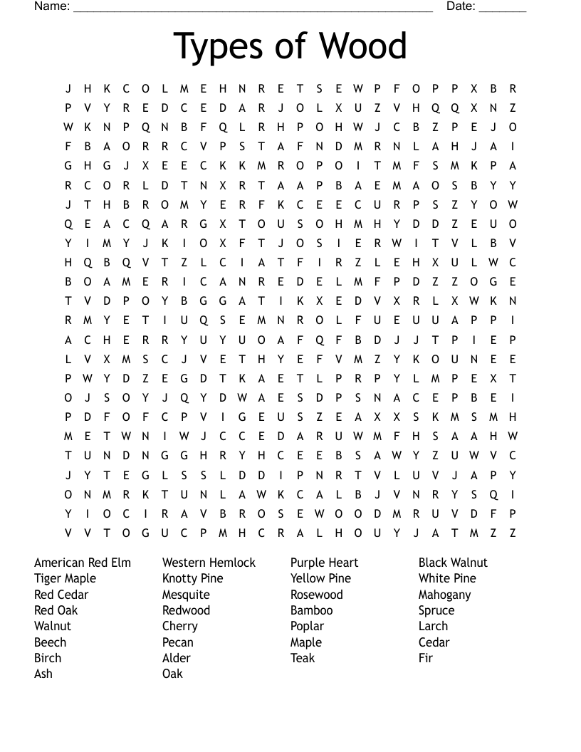 Types of Wood Word Search WordMint
