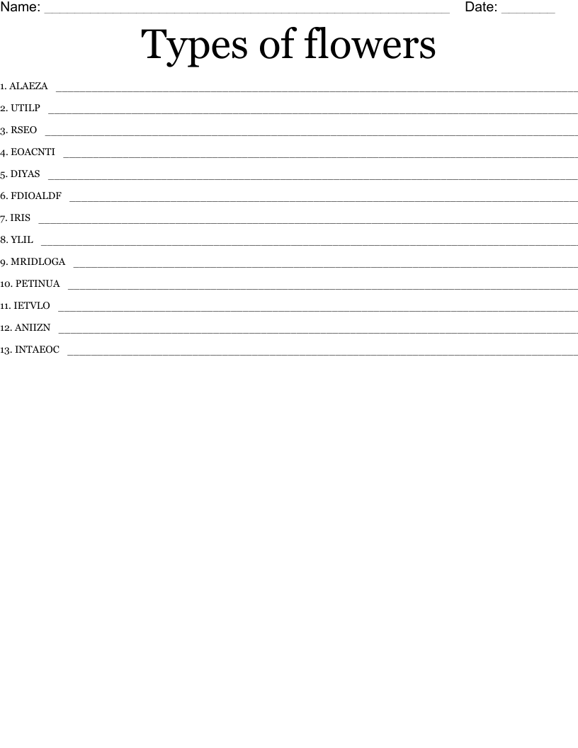 Types of flowers Word Scramble WordMint