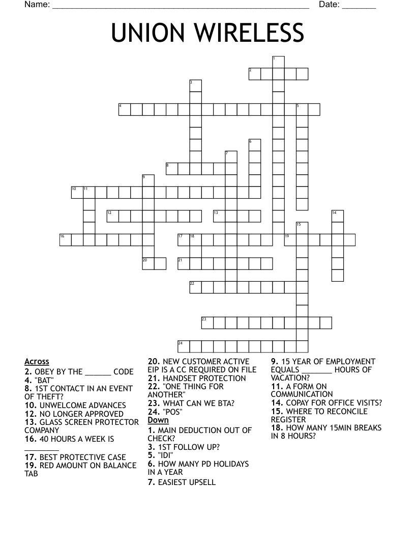 UNION WIRELESS Crossword WordMint