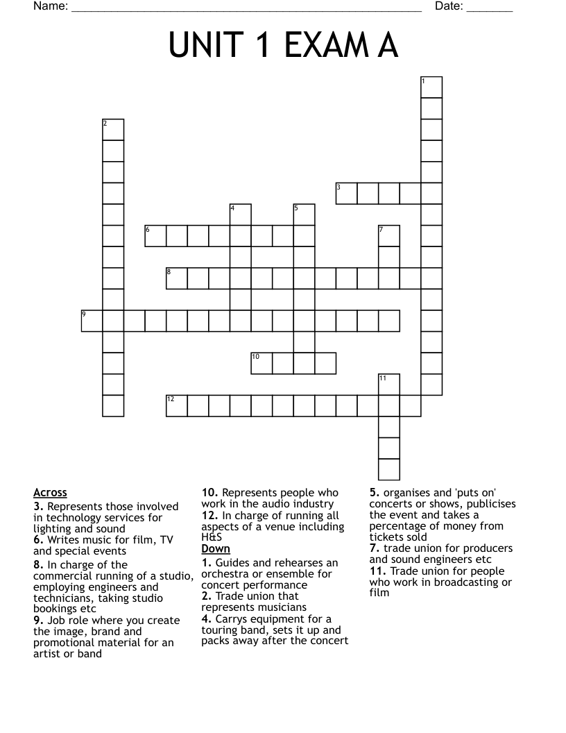 UNIT 1 EXAM A Crossword WordMint