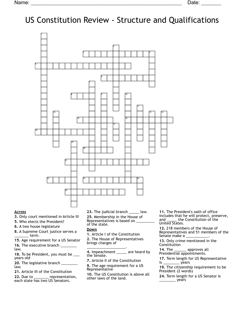US Constitution Review Structure and Qualifications Crossword WordMint