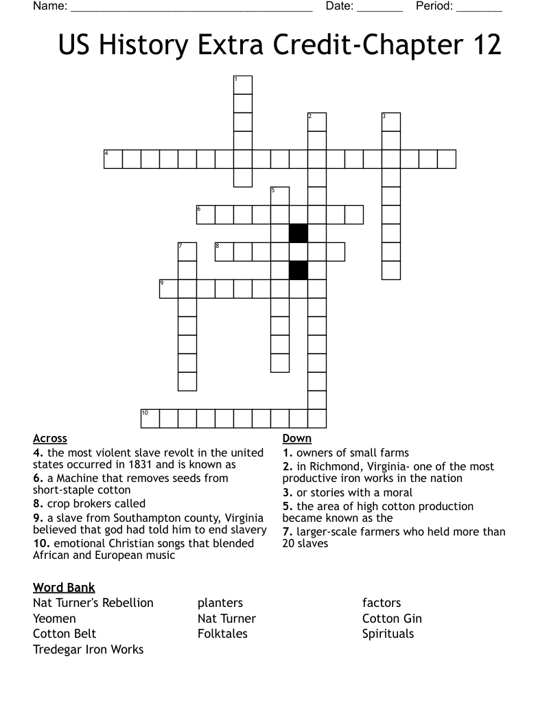 US History Extra CreditChapter 12 Crossword WordMint