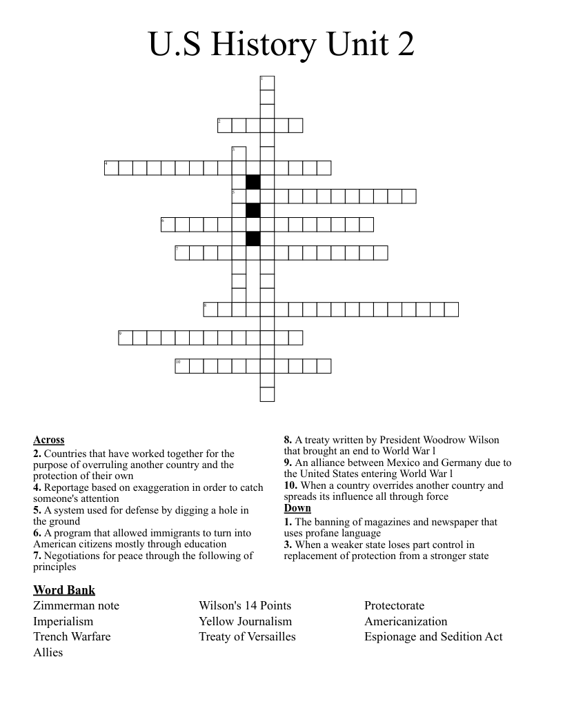 U.S History Unit 2 Crossword WordMint