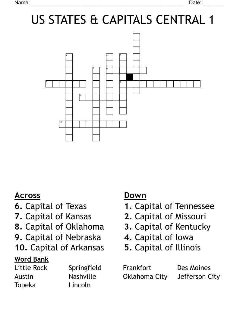 US STATES & CAPITALS CENTRAL 1 Crossword WordMint