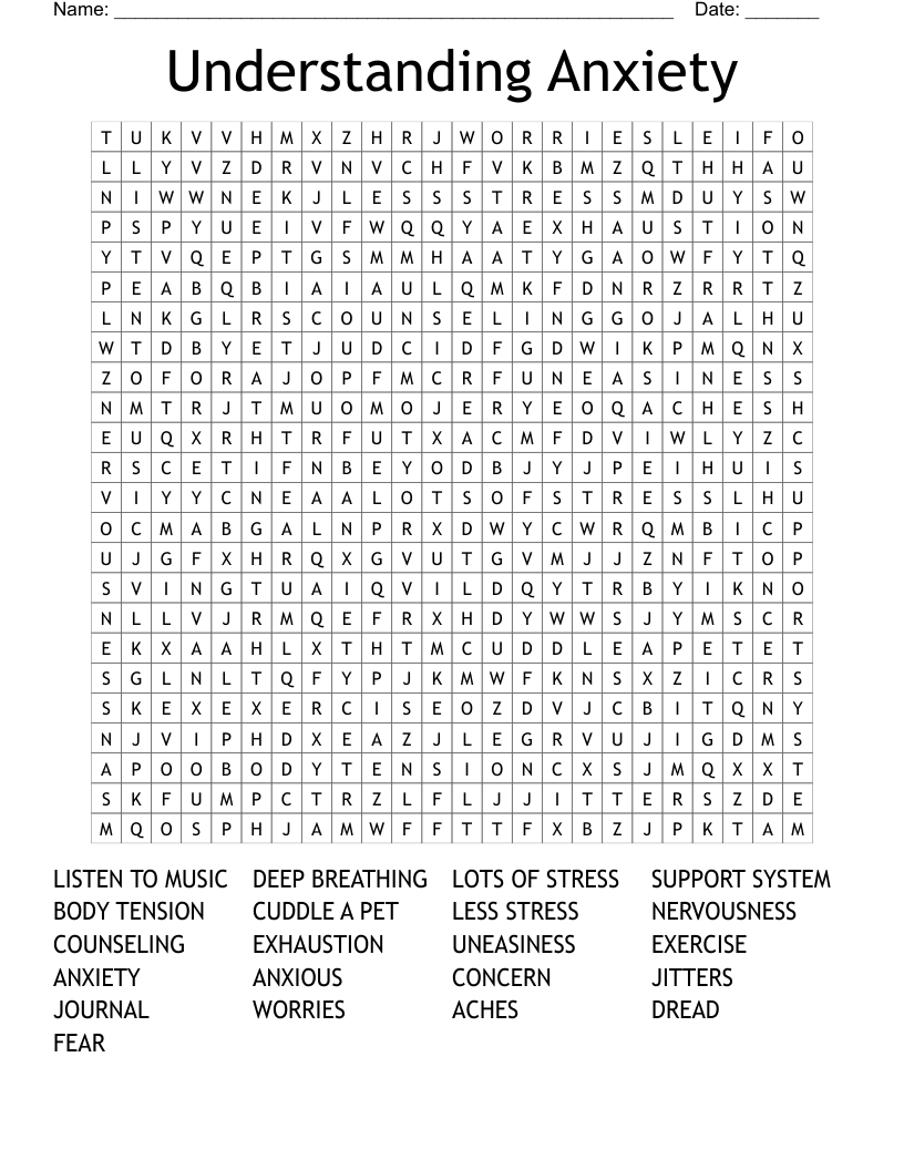 Anxiety Word Search Printable