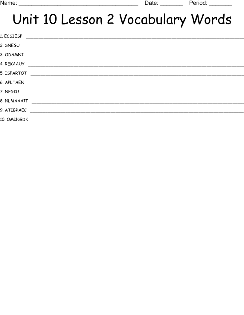 Unit 10 Lesson 2 Vocabulary Words Word Scramble WordMint