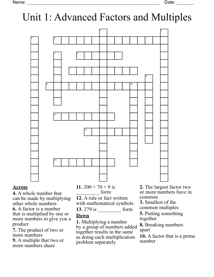 Unit 1 Advanced Factors and Multiples Crossword WordMint