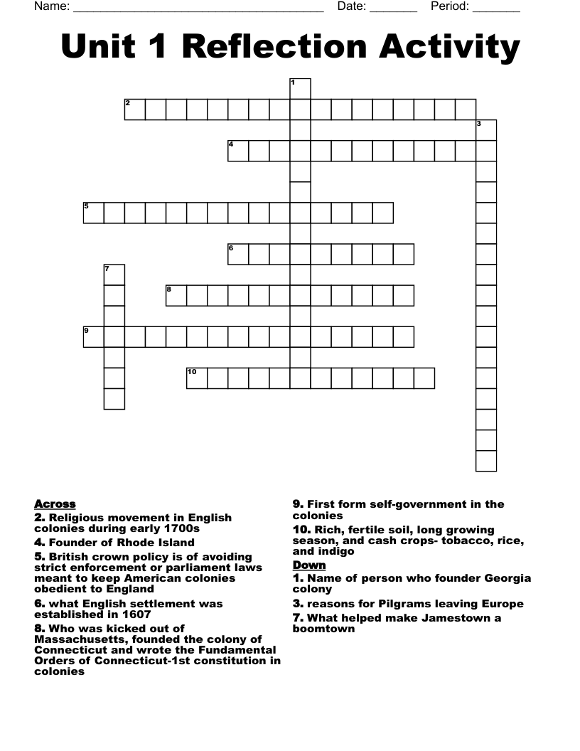 Unit 1 Reflection Activity Crossword WordMint