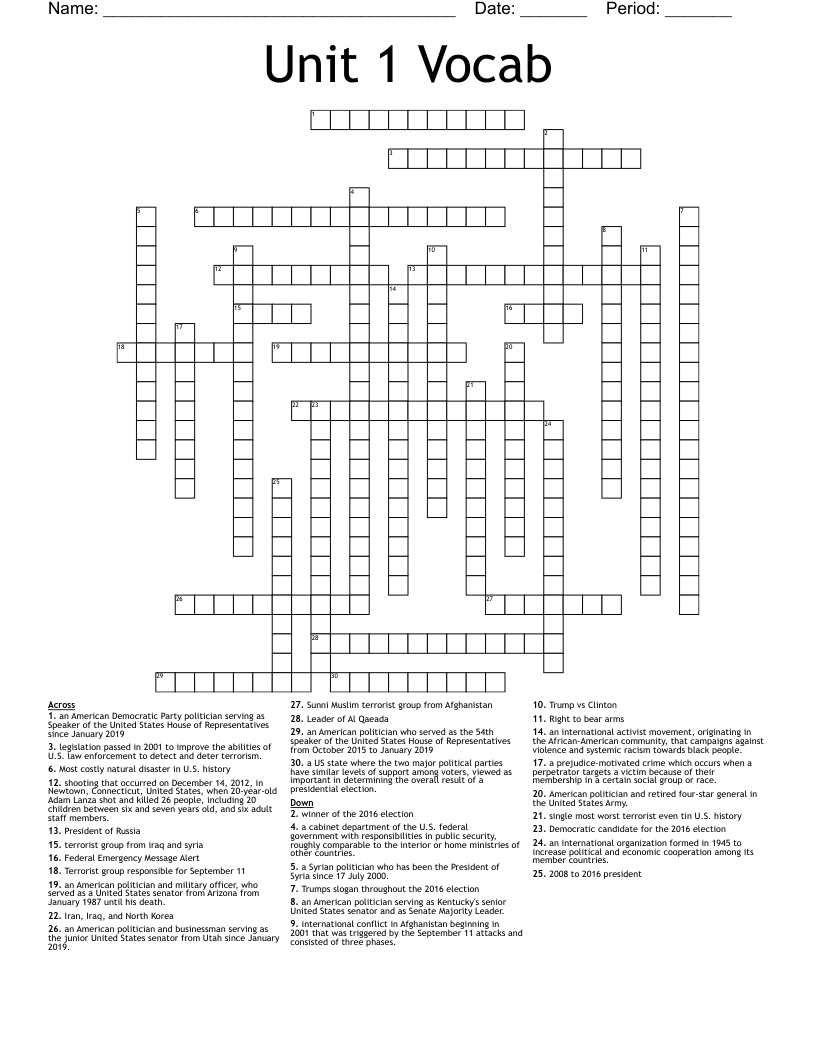 Unit 1 Vocab Crossword WordMint